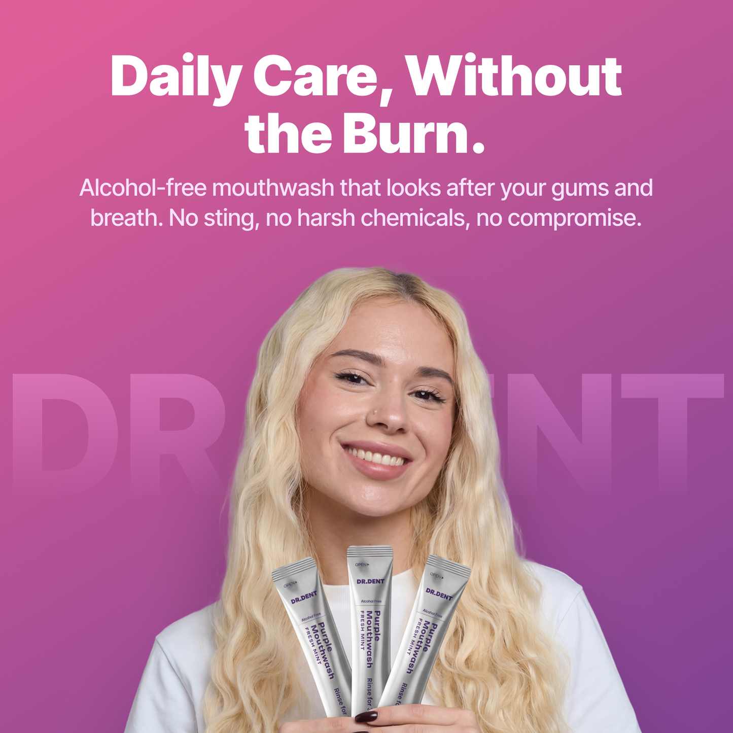 Purple color-correcting mouthwash sachets