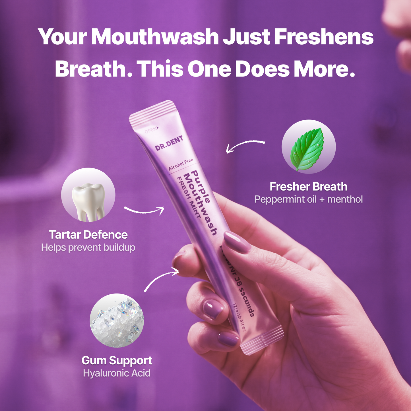 Purple mouthwash sachet detail